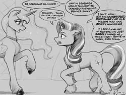 Size: 1200x900 | Tagged: safe, artist:amarynceus, deleted from derpibooru, derpibooru import, princess luna, starlight glimmer, alicorn, pony, unicorn, chest fluff, cloven hooves, dialogue, duo, duo female, female, floppy ears, freckles, grayscale, looking at each other, mare, monochrome, open mouth, raised hoof, sketch, speech bubble, unshorn fetlocks