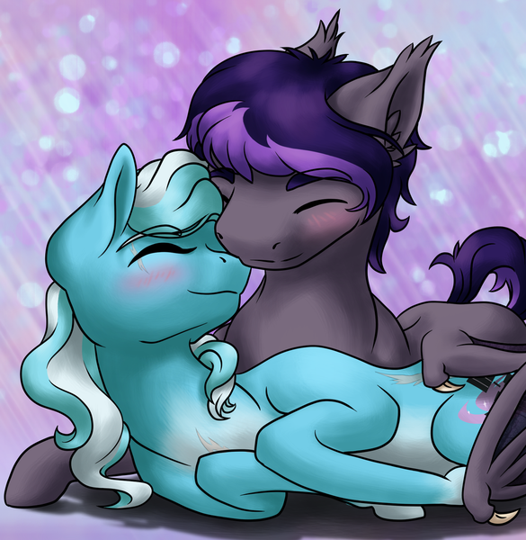 Size: 1024x1051 | Tagged: safe, artist:cloud-dash, derpibooru import, oc, oc:cloud dash, oc:luminescence, unofficial characters only, bat pony, pony, female, male, mare, nuzzling, prone, straight