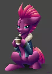 Size: 2894x4093 | Tagged: safe, artist:faline-art, derpibooru import, fizzlepop berrytwist, tempest shadow, pony, my little pony: the movie, belly button, bottomless, broken horn, clothes, coffee, cute, eye scar, female, floppy ears, gray background, hoof hold, jacket, lidded eyes, mare, partial nudity, scar, simple background, sitting, smiling, solo, tempestbetes