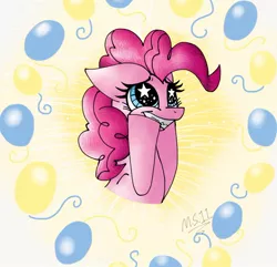 Size: 1024x989 | Tagged: safe, artist:melonseed11, derpibooru import, pinkie pie, pony, balloon, bust, cutie mark background, portrait, solo, starry eyes, wingding eyes