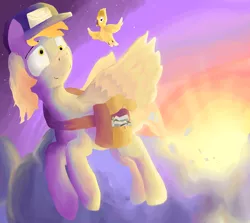 Size: 2800x2500 | Tagged: safe, artist:sapphmod, derpibooru import, derpy hooves, bird, pegasus, pony, bag, cloud, flying, hat, letter, mailbag, mailmare, saddle bag, sky, smiling, solo, sun