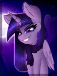 Size: 1072x1421 | Tagged: abstract background, alicorn, artist:duop-qoub, clothes, derpibooru import, descended twilight, female, fluffy, grin, mare, moon, safe, scarf, smiling, solo, twilight sparkle, twilight sparkle (alicorn)