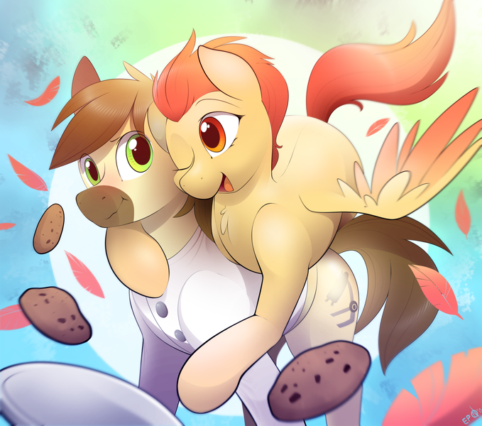 Size: 3383x2990 | Tagged: safe, artist:b-epon, derpibooru import, oc, oc:calpain, oc:verdant venture, unofficial characters only, earth pony, pegasus, pony, clothes, cookie, food, glomp, hug, lab coat, one eye closed, wink