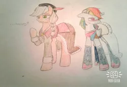 Size: 1012x693 | Tagged: safe, artist:ponime11, derpibooru import, applejack, rainbow dash, pony, clothes, traditional art