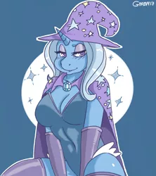 Size: 1797x2024 | Tagged: anthro, artist:giaba, bedroom eyes, belly button, breasts, busty trixie, cape, cleavage, clothes, derpibooru import, evening gloves, eyeshadow, female, gloves, hat, leotard, long gloves, looking at you, magician outfit, makeup, seductive pose, sexy, sitting, socks, solo, solo female, suggestive, thigh highs, trixie, trixie's cape, trixie's hat