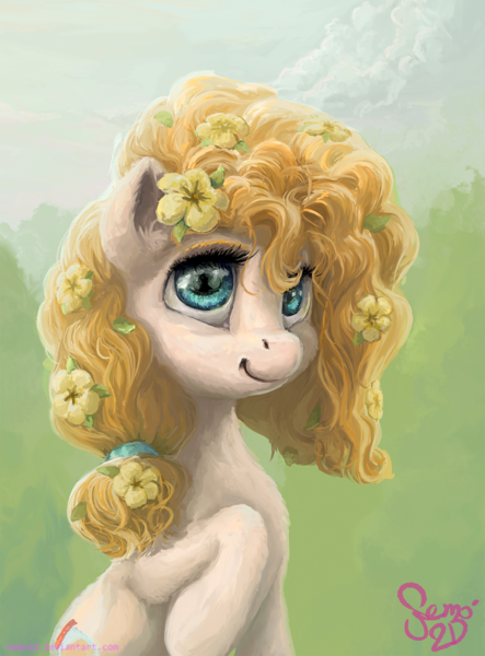 Size: 1000x1354 | Tagged: safe, artist:nemo2d, derpibooru import, pear butter, earth pony, pony, female, flower, flower in hair, mare, smiling, solo