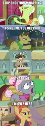 Size: 600x1685 | Tagged: safe, derpibooru import, edited screencap, screencap, cactus fruit, grand pear, granny smith, old gardener, rusty tenure, earth pony, pony, daring done?, rock solid friendship, shadow play, the perfect pear, where the apple lies, background pony, comic, elderly, facial hair, female, goatee, image macro, male, mare, meme, mermaid man and barnacle boy, screencap comic, somnambula resident, spongebob squarepants, stallion