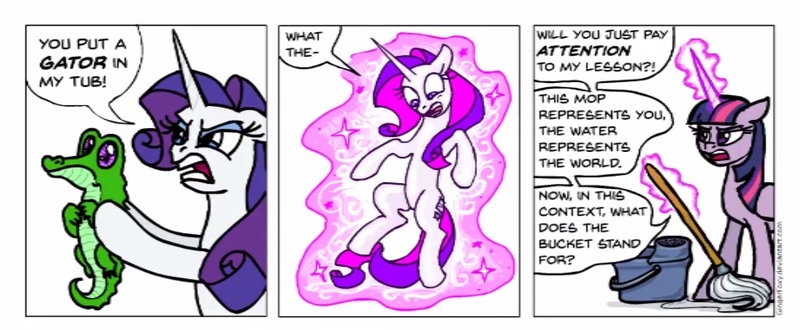 Size: 974x402 | Tagged: safe, artist:gingerfoxy, derpibooru import, gummy, rarity, twilight sparkle, twilight sparkle (alicorn), alicorn, pony, unicorn, pony comic generator, bucket, comic, magic, mop, telekinesis