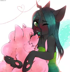 Size: 4000x4092 | Tagged: safe, artist:yukomaussi, derpibooru import, queen chrysalis, oc, oc:fluffle puff, semi-anthro, blushing, canon x oc, chrysipuff, cute, cutealis, eyes closed, female, flufflebetes, heart, heart eyes, hug, lesbian, licking, open mouth, redraw, shipping, simple background, smiling, tongue out, white background, wingding eyes