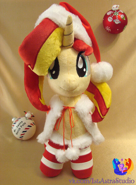 Size: 1024x1397 | Tagged: safe, artist:1stastrastudio, derpibooru import, sunset shimmer, pony, unicorn, c:, christmas, clothes, costume, cute, female, hat, holiday, irl, looking at you, mare, photo, plushie, santa costume, santa hat, shimmerbetes, smiling, socks, solo, striped socks