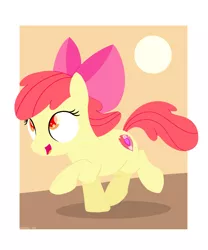 Size: 1800x2160 | Tagged: safe, artist:dtcx97, derpibooru import, apple bloom, earth pony, pony, adorabloom, bow, cute, cutie mark, female, filly, foal, hair bow, hooves, lineless, open mouth, red hair, red tail, running, simple background, solo, sun, tail