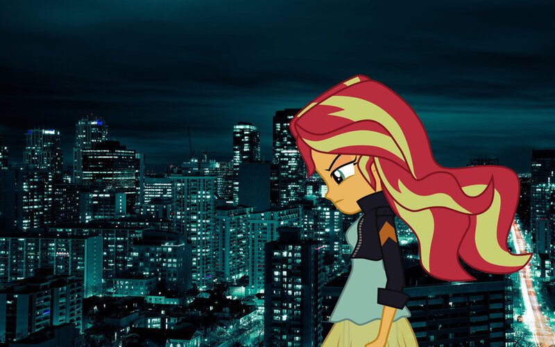 Size: 900x563 | Tagged: safe, artist:kusuri-shibata, artist:owlisun, derpibooru import, sunset shimmer, equestria girls, city, equestria girls in real life, night, solo