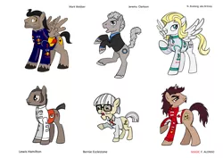 Size: 2000x1416 | Tagged: safe, artist:averagedraw, derpibooru import, ponified, earth pony, pegasus, pony, unicorn, bernie ecclestone, fernando alonso, formula 1, jeremy clarkson, lewis hamilton, mark webber, nico rosberg, racing suit, top gear, vodafone