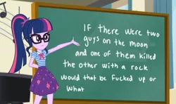 Size: 1459x864 | Tagged: semi-grimdark, derpibooru import, edit, edited screencap, screencap, sci-twi, twilight sparkle, equestria girls, equestria girls series, chalkboard, meme, obligatory pony, twilight sparkle's chalkboard, vulgar