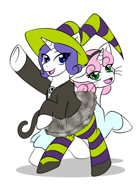 Size: 1594x2106 | Tagged: safe, artist:jolliapplegirl, derpibooru import, rarity, sweetie belle, cat, unicorn, clothes, cosplay, costume, cute, dress, female, hat, mare, pantyhose, scary godmother, shoes, skirt, skirt lift, socks, striped pantyhose, striped socks, tabitha st. germain, tutu, witch, witch hat