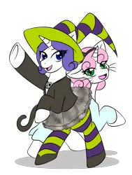 Size: 1594x2106 | Tagged: safe, artist:jolliapplegirl, derpibooru import, rarity, sweetie belle, cat, unicorn, clothes, cosplay, costume, cute, dress, female, hat, mare, pantyhose, scary godmother, shoes, skirt, skirt lift, socks, striped pantyhose, striped socks, tabitha st. germain, tutu, witch, witch hat