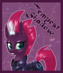 Size: 800x921 | Tagged: safe, artist:unisoleil, derpibooru import, tempest shadow, pony, unicorn, my little pony: the movie, abstract background, broken horn, eye scar, magic, scar, solo, sparking horn