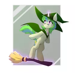 Size: 1500x1467 | Tagged: source needed, useless source url, safe, artist:n_thing, derpibooru import, oc, oc:crescent, unofficial characters only, pony, unicorn, blind, broom, cape, clothes, commission, female, flying, flying broomstick, hat, jewelry, levitation, magic, mare, pendant, smiling, solo, standing, standing up, telekinesis, witch hat, your character here