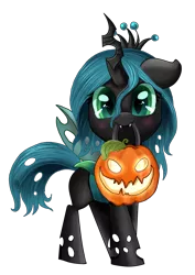 Size: 2998x4237 | Tagged: safe, artist:pridark, derpibooru import, queen chrysalis, changeling, changeling queen, nymph, pony, absurd resolution, blushing, bucket, cute, cutealis, fangs, female, halloween, holiday, jack-o-lantern, looking at you, mouth hold, nightmare night, pridark is trying to murder us, pumpkin, pumpkin bucket, simple background, solo, transparent background, younger