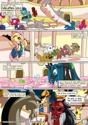 Size: 955x1351 | Tagged: safe, artist:mysticalpha, derpibooru import, discord, fluttershy, lord tirek, queen chrysalis, alicorn, changeling, changeling queen, draconequus, pegasus, pony, comic:day in the lives of the royal sisters, animal, background pony, cake, canterlot castle, clothes, comic, crown, dialogue, dress, drinking straw, female, fire, food, gala dress, horseshoes, jewelry, mare, nose piercing, nose ring, open mouth, peytral, piercing, property damage, regalia, silhouette, speech bubble, suit