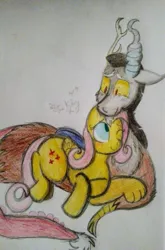 Size: 397x600 | Tagged: safe, artist:queenbluestar, derpibooru import, discord, fluttershy, discoshy, female, male, shipping, straight, traditional art