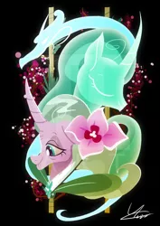 Size: 600x849 | Tagged: safe, artist:ii-art, derpibooru import, mistmane, pony, unicorn, campfire tales, black background, clothes, curved horn, dragon spirit, duality, ethereal mane, female, flower, mare, mistmane's flower, simple background, solo, spirit