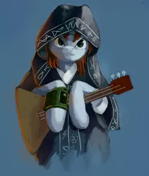 Size: 2162x2560 | Tagged: safe, artist:terrafomer, derpibooru import, oc, oc:littlepip, unofficial characters only, pony, unicorn, fallout equestria, fanfic, balalaika, clothes, fanfic art, female, hooves, horn, mare, neuromonk feofan, pip-boy, simple background, solo
