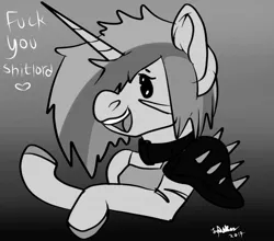 Size: 1024x900 | Tagged: artist:brainiac, black and white, derpibooru import, fallout equestria, female, grayscale, mare, monochrome, oc, oc:piper, raider, raider armor, safe, scar, solo, spiked armor, unofficial characters only, vulgar