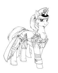 Size: 3310x4114 | Tagged: safe, artist:longinius, derpibooru import, oc, oc:katya ironstead, unofficial characters only, alicorn, pony, alicorn oc, boots, chest fluff, clothes, coat, female, grayscale, hat, hidden wings, mare, military, monochrome, peaked cap, saber, sabre, shoes, uniform, weapon