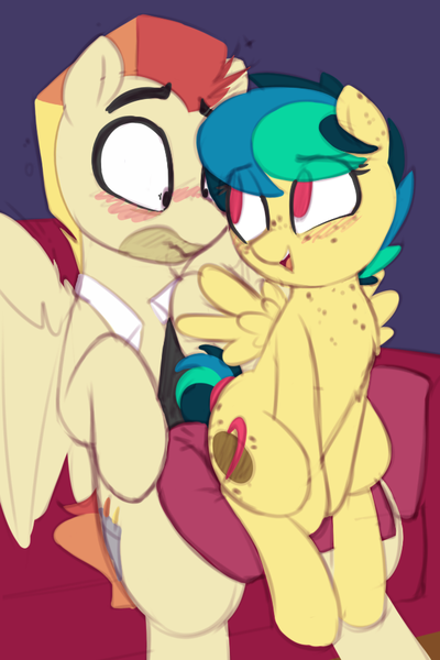 Size: 626x940 | Tagged: suggestive, artist:shinodage, derpibooru import, oc, oc:apogee, oc:jet stream, unofficial characters only, pegasus, pony, adorable face, apojet, blushing, clopfic linked in description, couch, cute, cutie mark, embarrassed, father and daughter, female, filly, foal, freckles, imminent foalcon, imminent incest, lap sitting, lip bite, male, pillow, sitting, spread wings, teenager, wingboner, wings
