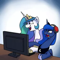 Size: 1200x1200 | Tagged: safe, artist:anticular, derpibooru import, princess celestia, princess luna, alicorn, pony, ask sunshine and moonbeams, computer, duo, female, headphones, keyboard, luna is not amused, mare, microphone, unamused