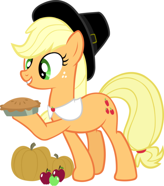 Size: 4228x4817 | Tagged: safe, artist:ironm17, derpibooru import, applejack, earth pony, pony, absurd resolution, apple, clothes, food, grin, happy, hat, holiday, pie, pilgrim hat, pumpkin, simple background, smiling, solo, thanksgiving, transparent background, vector