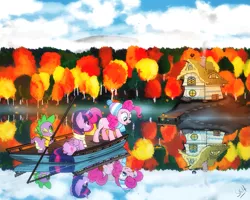 Size: 1357x1085 | Tagged: safe, artist:dsana, derpibooru import, pinkie pie, spike, twilight sparkle, twilight sparkle (alicorn), alicorn, dragon, earth pony, pony, autumn, boat, clothes, commission, female, forest, hat, house, mare, one eye closed, reflection, scarf, self ponidox, water, wink