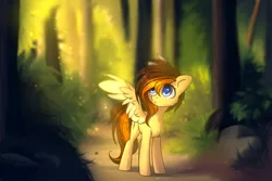 Size: 3000x2000 | Tagged: safe, artist:starlyflygallery, derpibooru import, oc, oc:aerion featherquill, unofficial characters only, pegasus, pony, chest fluff, detailed background, female, forest, mare, solo, spread wings, two toned wings, wings