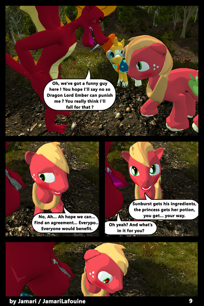 Size: 1400x2100 | Tagged: questionable, artist:jamarilafouine, derpibooru import, big macintosh, garble, sunburst, dragon, pony, comic:draconic potion, 3d, blushing, cape, clothes, comic, confused, dialogue, gay, heart eyes, male, wingding eyes