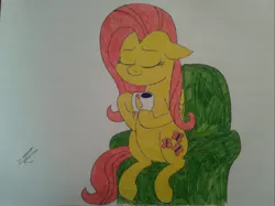 Size: 2576x1931 | Tagged: safe, artist:unreliable narrator, derpibooru import, fluttershy, eyes closed, food, furniture, simple background, solo, tea, traditional art