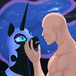 Size: 1280x1280 | Tagged: suggestive, artist:arareroll, derpibooru import, nightmare moon, oc, oc:anon, alicorn, human, pony, caress, female, human male, interspecies, looking at each other, male, mare, muscles, straight