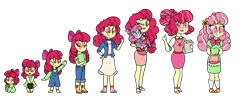 Size: 1600x640 | Tagged: safe, artist:carouselunique, derpibooru import, apple bloom, oc, oc:pacific rose, equestria girls, 5-year-old, adult, age progression, baby, chart, elderly, female, freshman, future, magical lesbian spawn, mother and daughter, offspring, older, parent:apple bloom, parent:diamond tiara, parents:diamondbloom, past, simple background, teenager, transparent background, younger