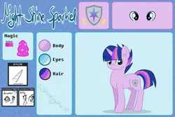 Size: 1009x675 | Tagged: safe, artist:shootingstaryt, derpibooru import, oc, oc:night shine sparkle, unofficial characters only, pony, unicorn, base used, biography, male, multicolored hair, multicolored mane, multicolored tail, next generation, offspring, parent:flash sentry, parent:twilight sparkle, parents:flashlight, reference, reference sheet, solo, stallion