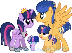 Size: 1024x758 | Tagged: safe, artist:shootingstaryt, derpibooru import, flash sentry, twilight sparkle, twilight sparkle (alicorn), oc, oc:night shine sparkle, oc:starlight sparkle, alicorn, pegasus, pony, unicorn, baby, baby pony, base used, crown, family, female, filly, flashlight, jewelry, male, mare, multicolored hair, multicolored mane, multicolored tail, next generation, offspring, parent:flash sentry, parent:twilight sparkle, parents:flashlight, regalia, shipping, simple background, stallion, straight, transparent background, watermark