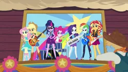 Size: 1280x720 | Tagged: safe, derpibooru import, screencap, applejack, fluttershy, pinkie pie, rainbow dash, rarity, sci-twi, sunset shimmer, twilight sparkle, equestria girls, equestria girls series, road trippin, bass guitar, drums, flying v, guitar, humane five, humane seven, humane six, keytar, musical instrument, stage, tambourine, the rainbooms