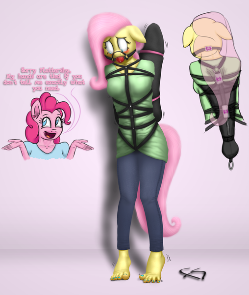 Size: 2200x2600 | Tagged: questionable, alternate version, artist:facelesssoles, derpibooru import, fluttershy, pinkie pie, anthro, earth pony, pegasus, plantigrade anthro, arm behind back, armbinder, ballgag, blushing, bondage, bound wings, breasts, drool, duo, duo female, female, floppy ears, gag, harness, mare, nail polish, pinkie prick, shivering, tack, toenail polish, wing sleeves