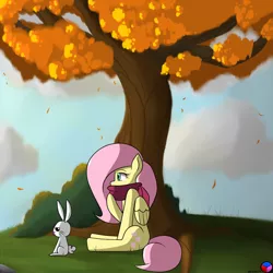 Size: 1024x1024 | Tagged: safe, artist:genericmlp, derpibooru import, angel bunny, fluttershy, pegasus, pony, autumn, clothes, female, mare, scarf, sitting, tree