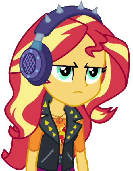 Size: 1596x2048 | Tagged: safe, artist:thebarsection, derpibooru import, sunset shimmer, equestria girls, equestria girls series, annoyed, female, geode of empathy, headphones, leather vest, magical geodes, punk, simple background, solo, transparent background