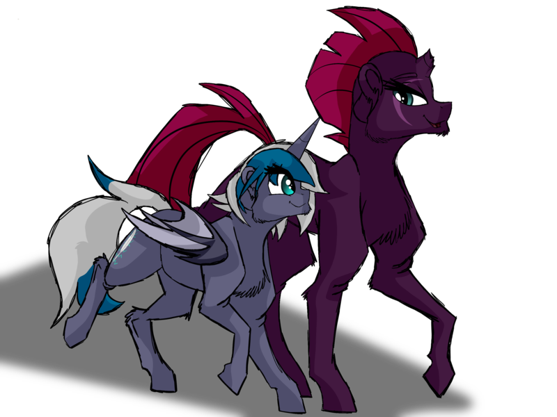 Size: 2732x2048 | Tagged: safe, artist:percy-mcmurphy, derpibooru import, fizzlepop berrytwist, tempest shadow, oc, oc:elizabat stormfeather, alicorn, bat pony, bat pony alicorn, pony, unicorn, my little pony: the movie, bat pony oc, broken horn, canon x oc, eye scar, female, lesbian, mare, scar, shipping, simple background, smiling, stormshadow, transparent background