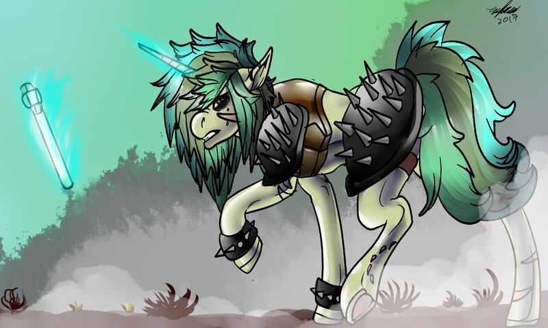 Size: 1500x900 | Tagged: angry, artist:brainiac, derpibooru import, fallout equestria, female, lead pipe, lesbian, magic, mare, oc, oc:piper, raider, raider armor, safe, scar, solo, spiked armor, underhoof, unofficial characters only, weapon