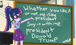 Size: 1460x865 | Tagged: safe, derpibooru import, edit, edited screencap, screencap, sci-twi, twilight sparkle, equestria girls, equestria girls series, captain obvious, chalkboard, donald trump, downvote bait, drama bait, make america great again, meme, mouthpiece, op has a point, politics, twilight sparkle's chalkboard