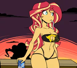 Size: 1156x1022 | Tagged: dead source, suggestive, artist:reiduran, derpibooru import, pinkie pie, sunset shimmer, equestria girls, belly button, bikini, bikini babe, black swimsuit, breasts, busty sunset shimmer, cleavage, cleavage window, clothes, cutie mark swimsuit, female, hips, implied sunsetpie, jeweled swimsuit, o-ring swimsuit, silhouette, solo, solo female, solo focus, straw, stupid sexy sunset shimmer, summer sunset, swimsuit, tube top