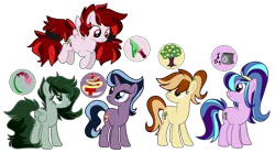 Size: 2876x1604 | Tagged: safe, artist:zomnicsadopt, derpibooru import, oc, unofficial characters only, earth pony, pegasus, pony, unicorn, female, magical lesbian spawn, mare, offspring, parent:applejack, parent:aria blaze, parent:flim, parent:sonata dusk, parents:arisona, parents:flimjack, parents:hopebra, parents:oc x oc