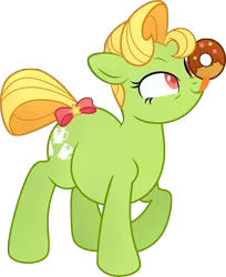 Size: 2438x2991 | Tagged: safe, artist:mellowhen, derpibooru import, oc, oc:bric-a-brac, unofficial characters only, earth pony, pony, 2018 community collab, derpibooru community collaboration, bow, chubby, donut, food, licking, simple background, solo, tongue out, transparent background